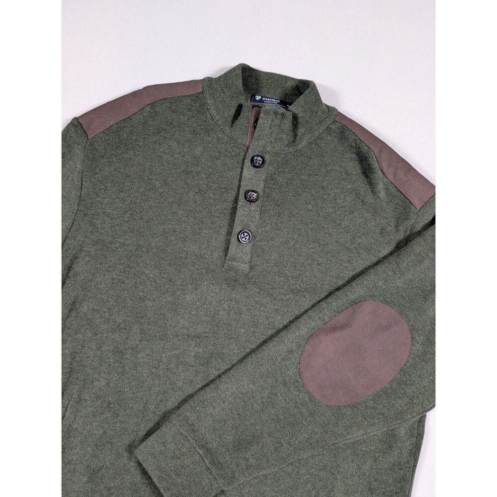 Cremieux Collection Sweater Mens L Green Henley Suede Shoulder Elbow Patch